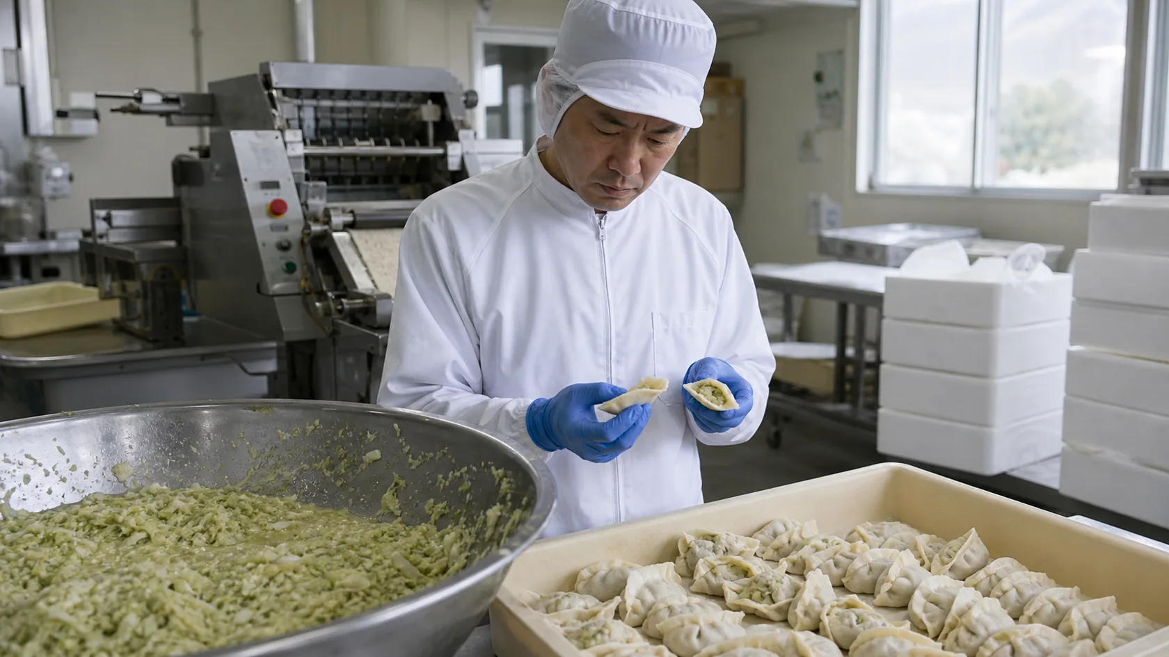 高鍋町の餃子工場で皮破れと重量不良の製品を確認する作業者