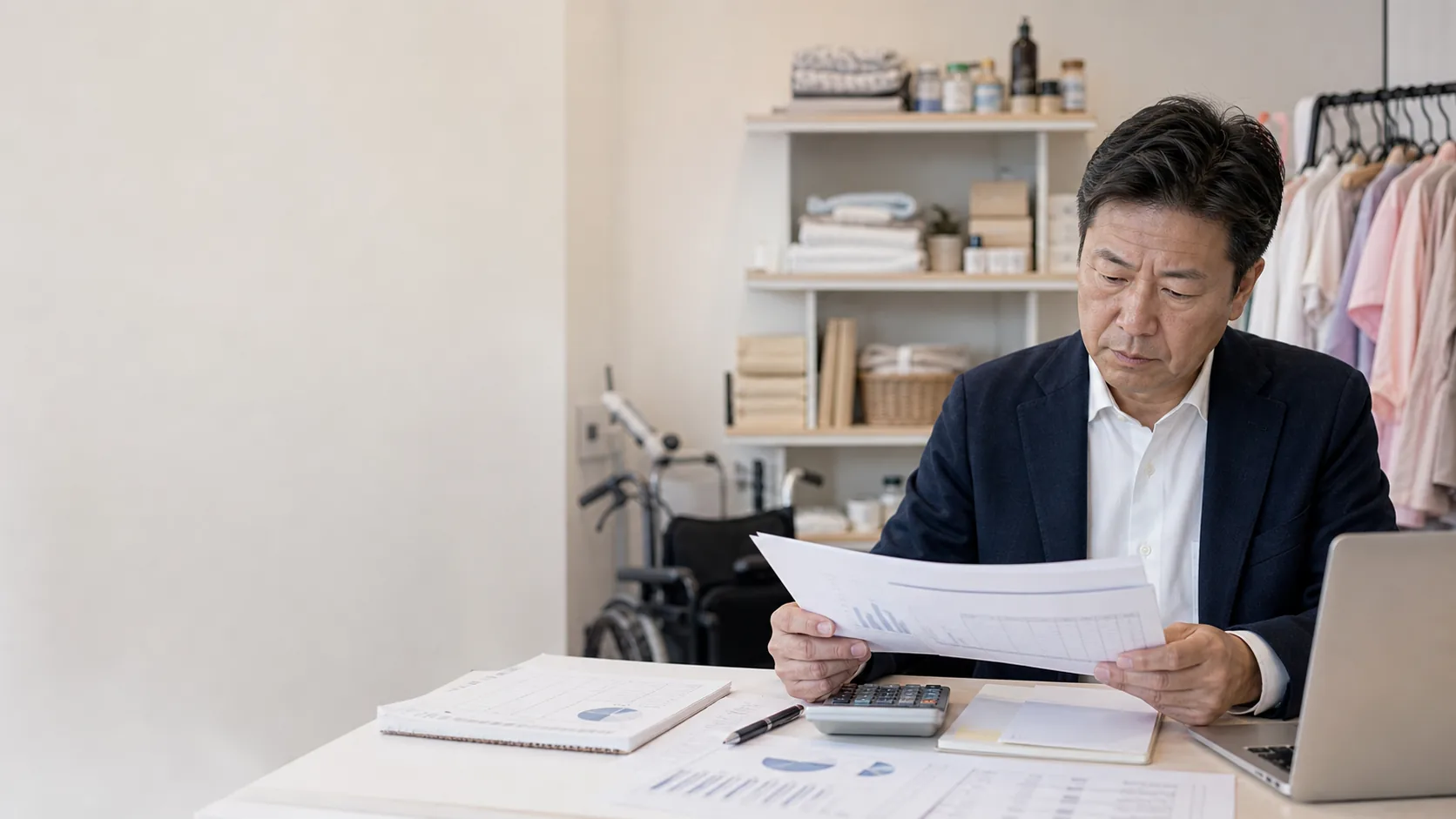 宝塚市の事業者が家賃・人件費の固定負担、季節在庫、予約変動、公的報酬と売掛金の回収待ちによる資金不足日を確認する場面