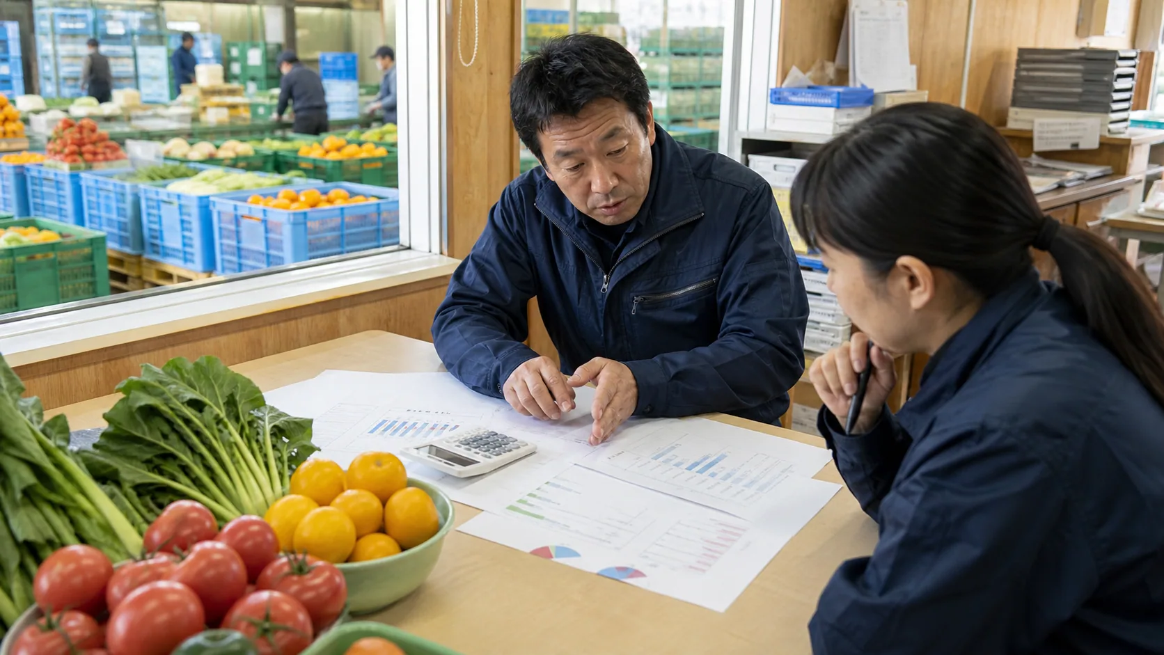 玉名市の経営者が集荷伝票と保冷在庫表から資金不足週を確認する場面