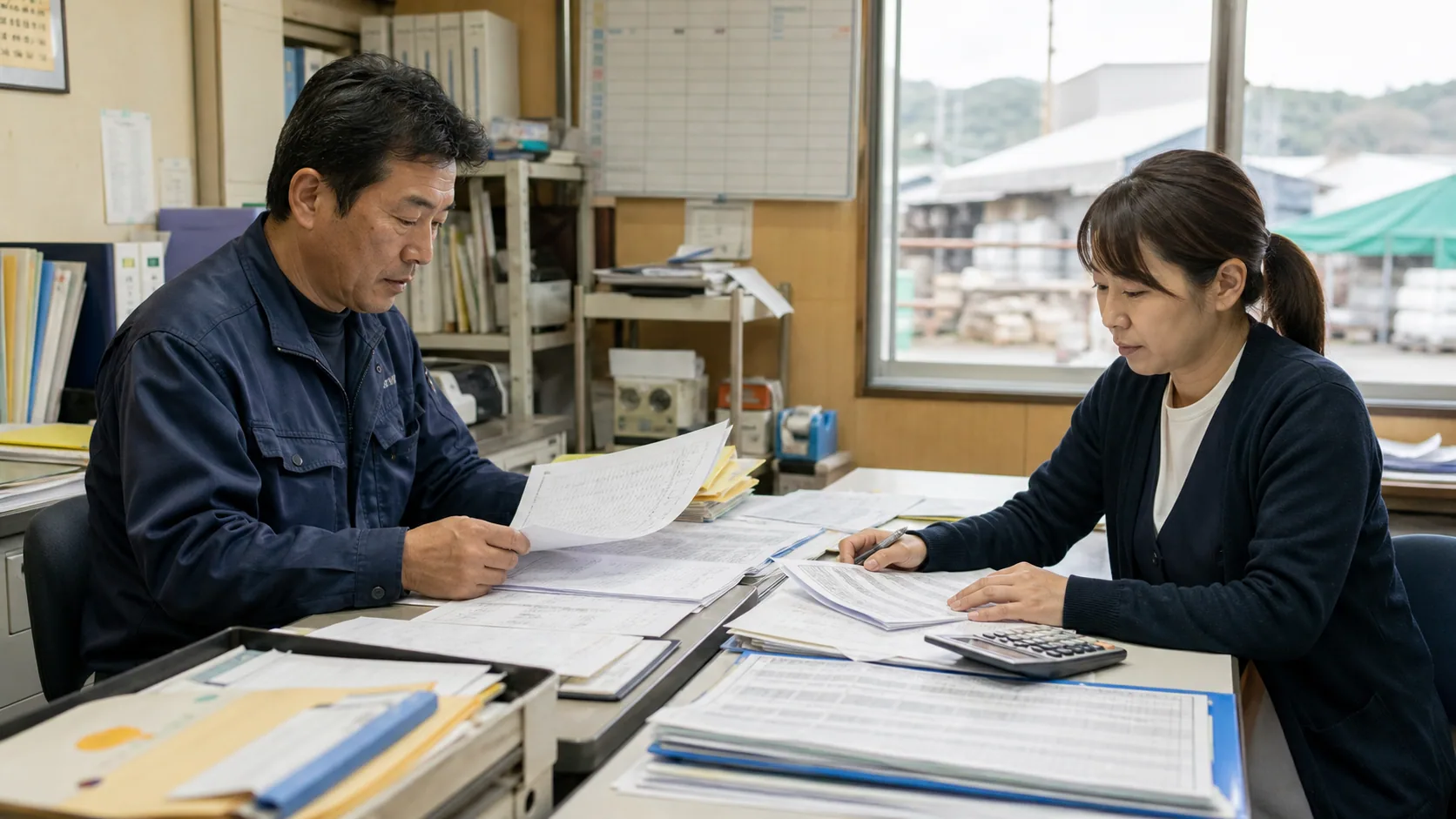 田辺市の経営者が原料受払簿と工事出来高から不足週を確認する場面