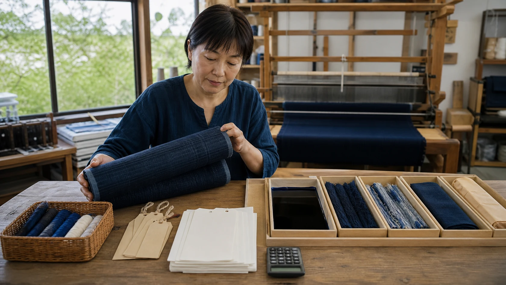反物番号と工程依頼票を照合する架空の織物事業者（AI生成の説明用イメージ）