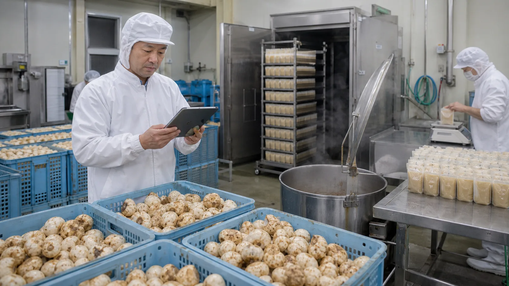 田原本町の味間いもの洗浄・蒸煮・ペースト加工・冷凍出荷で在庫・設備容量・出荷予定を確認する担当者