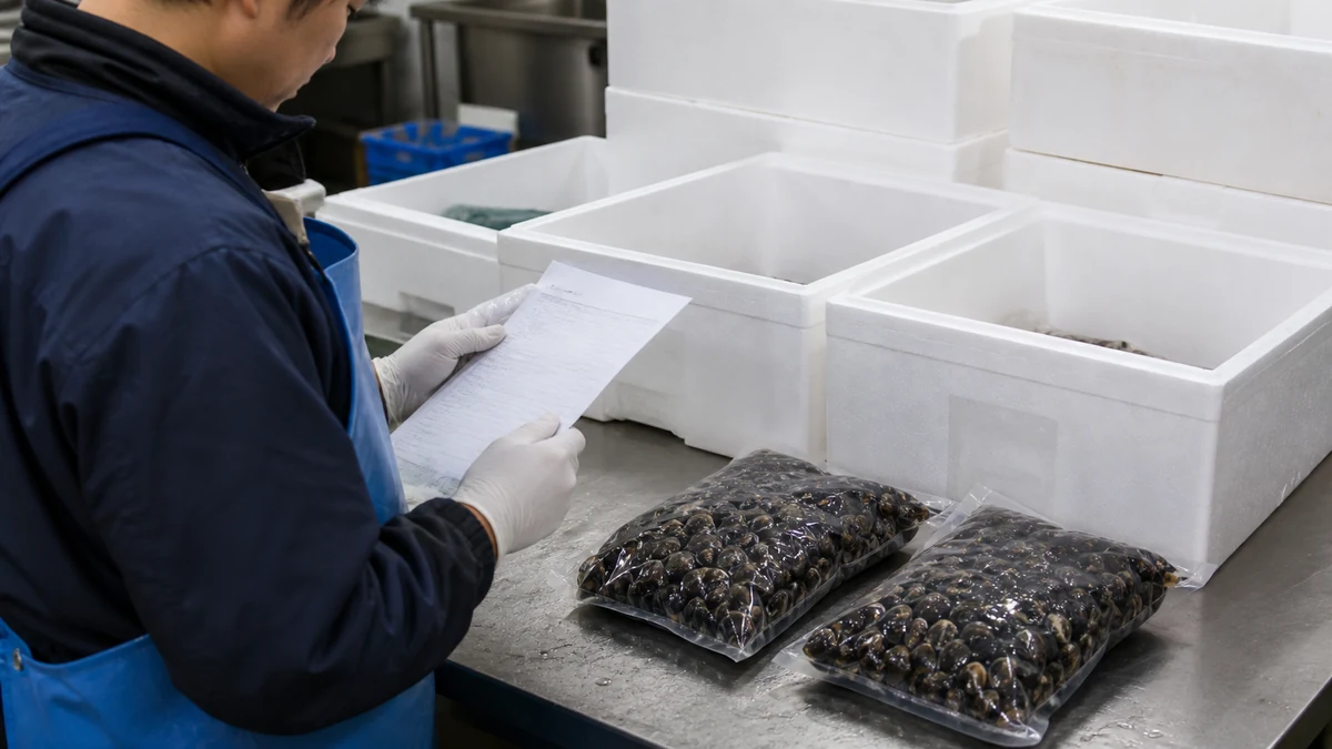 天塩町のしじみ卸売で包装品と注文別の出荷記録を照合する場面を想定した生成イメージ