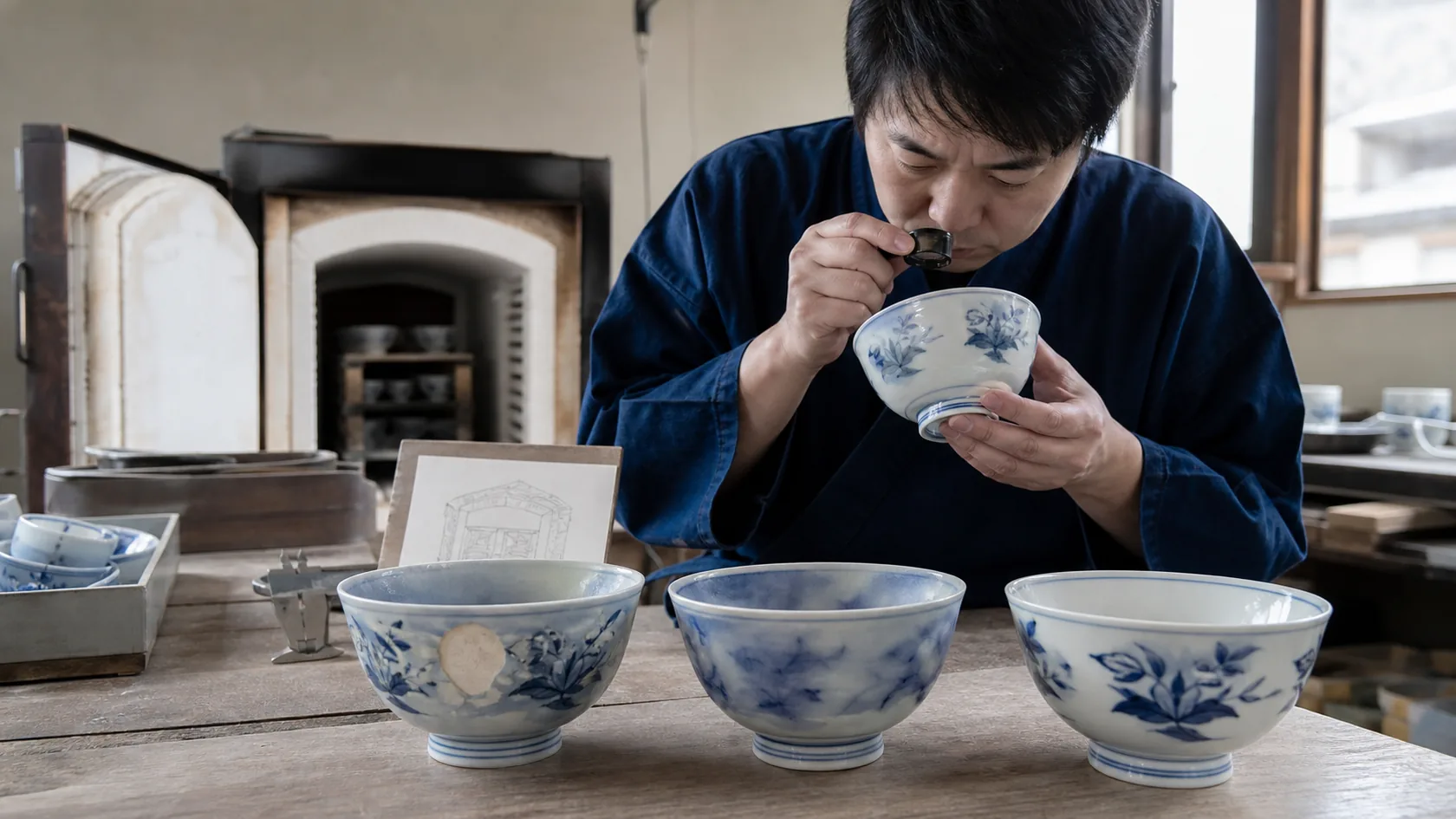 砥部町の窯元で釉薬の縮れと発色むらが出た器を窯位置図と照合し、再制作数を確認する陶工