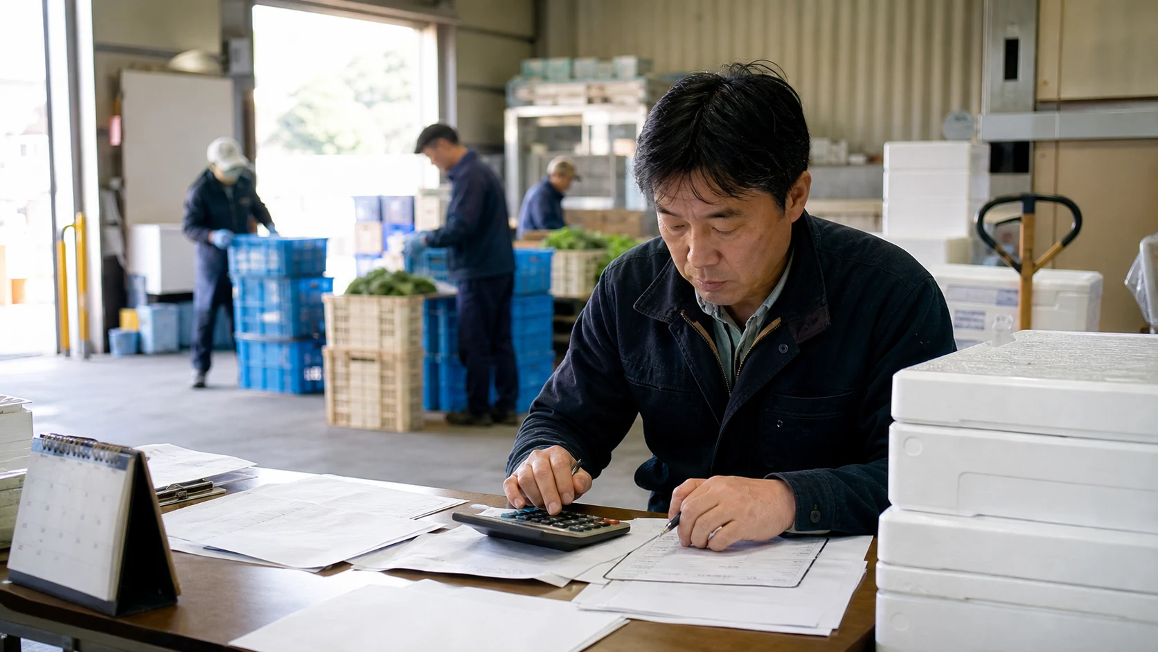 東金市で作付け前の資材、収穫期の選別・保管費、加工前の原料・包材、配送繁忙期の燃料の支払いを点検する事業者