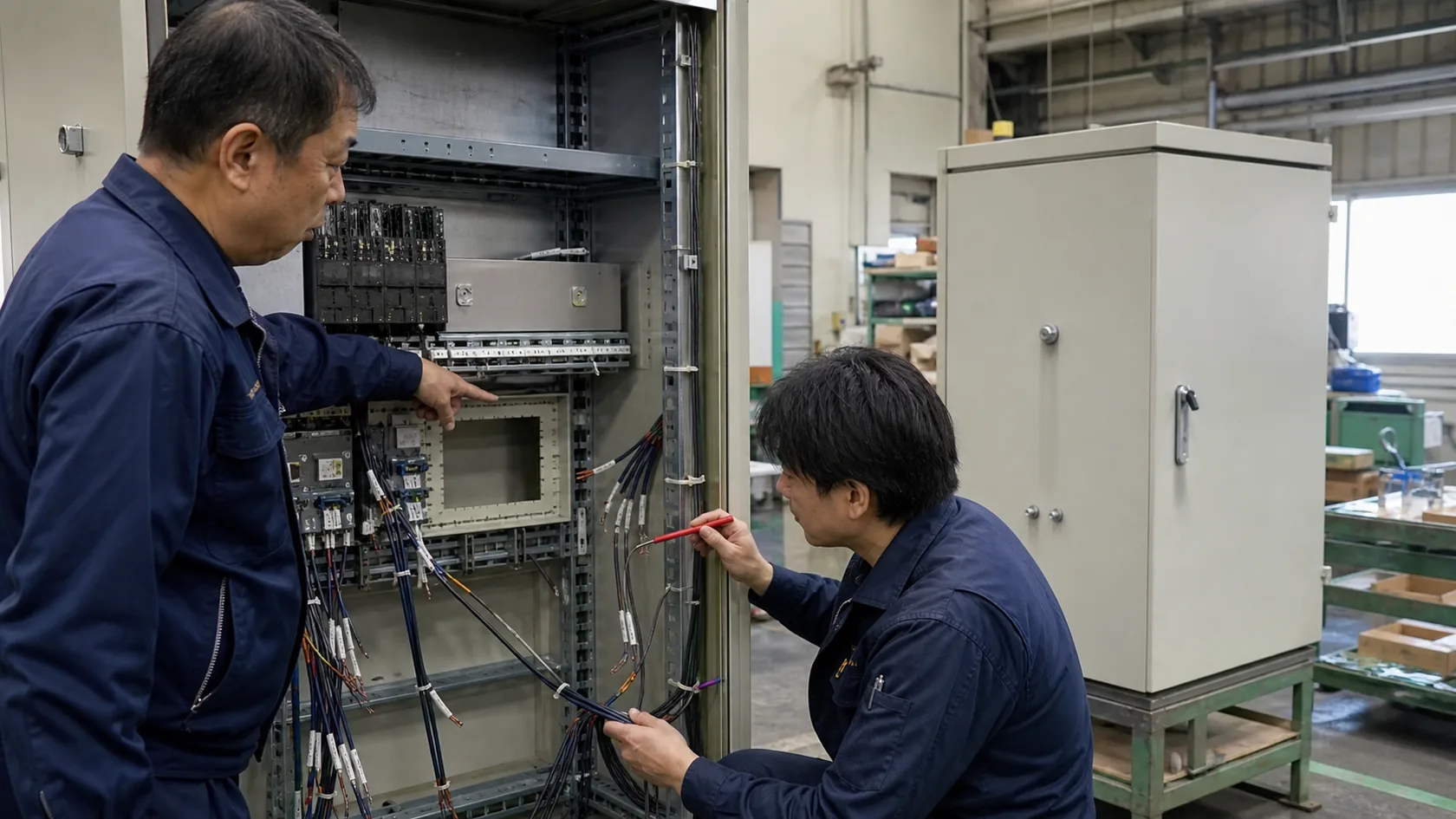 時津町の制御盤製造現場で、未接続の端子とケーブル配線を図面に沿って点検する作業者
