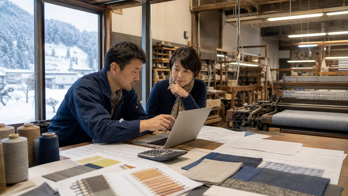 十日町市の織物事業者が糸代と加工費の資金計画を確認する様子