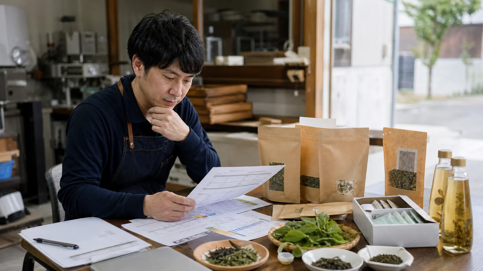 所沢市で新商品開発・販路開拓、茶期や収穫期の原料確保、催事・観光期前の在庫と人員確保に備えて在庫と設備稼働を確認する現場