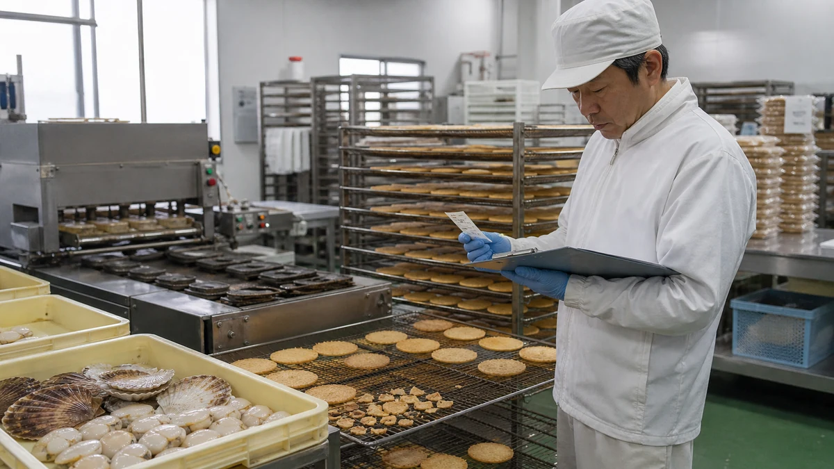 泊村の水産加工室でホタテ原料ロット・圧縮成形単位・焼成便・冷却待ち・割れ枚数を確認し、包装日を調整する場面を想定した生成イメージ（実在の施設・人物を撮影したものではありません）