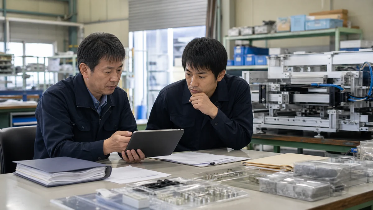 砺波市の精密機械工場で部品在庫と製造日程を確認する担当者