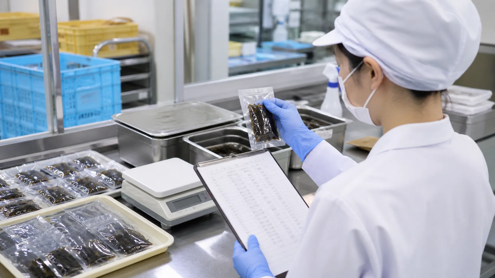 土庄町を題材とした佃煮加工室で昆布の包装数量と検査記録を照合する担当者（AI生成の説明用イメージ）