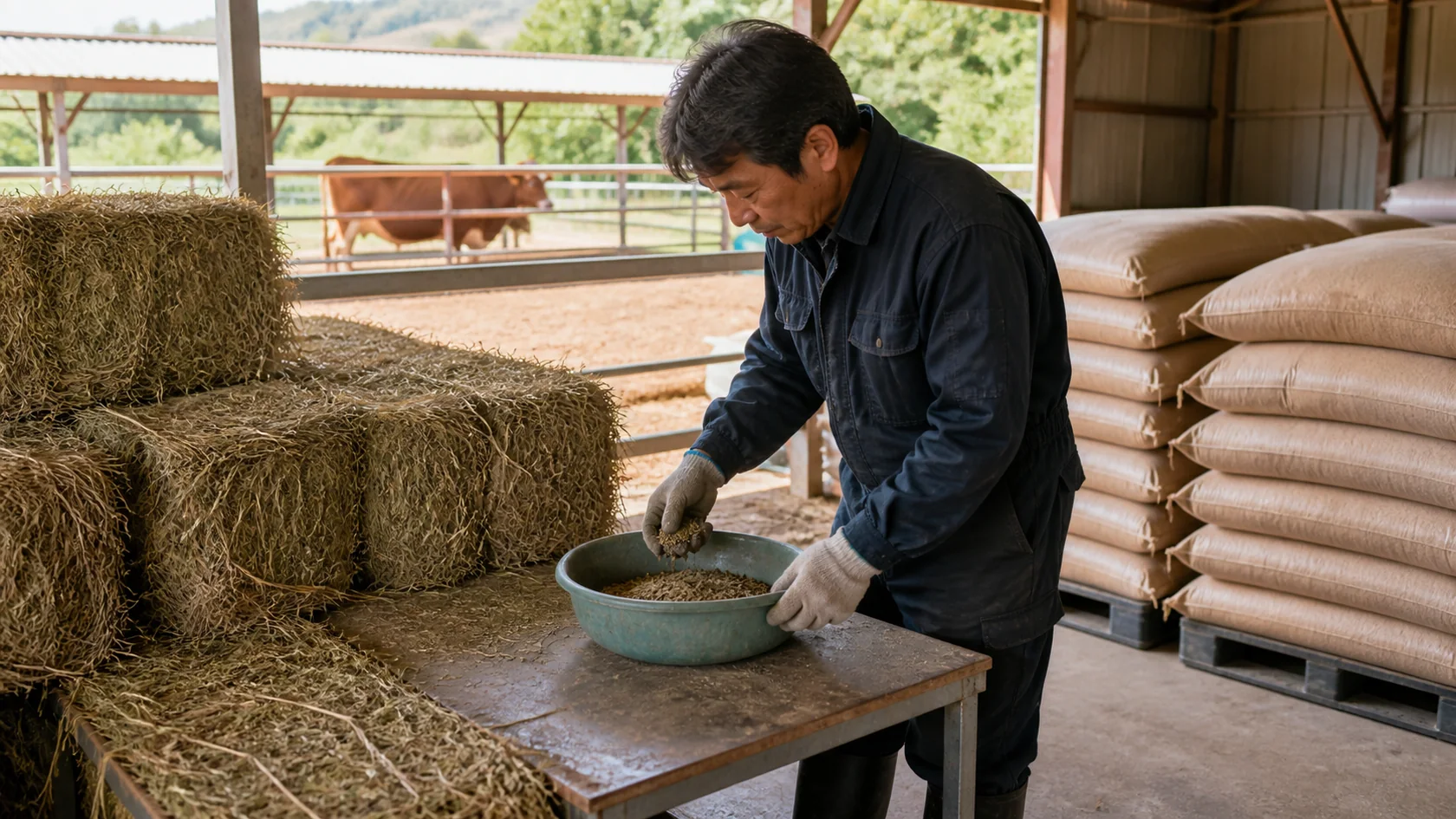 土佐町の肥育モデルで乾草と飼料袋の在庫を点検する農業者（AI生成の説明用イメージ）