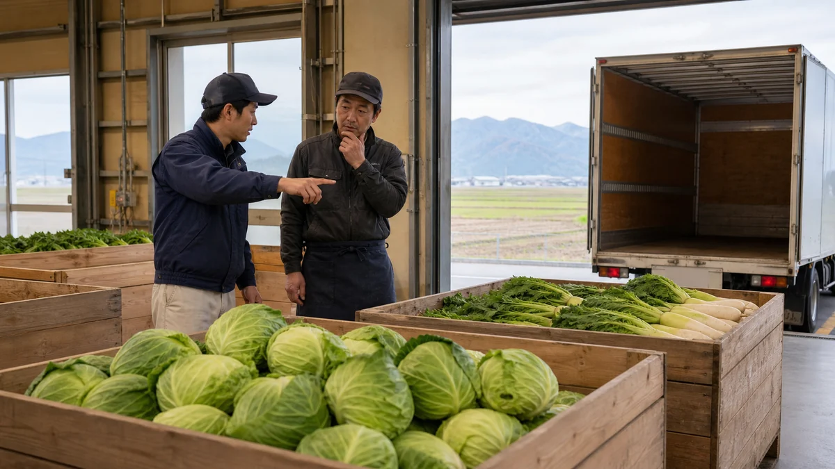 富山県朝日町の集荷施設で木箱の野菜と空の配送車を確認する担当者