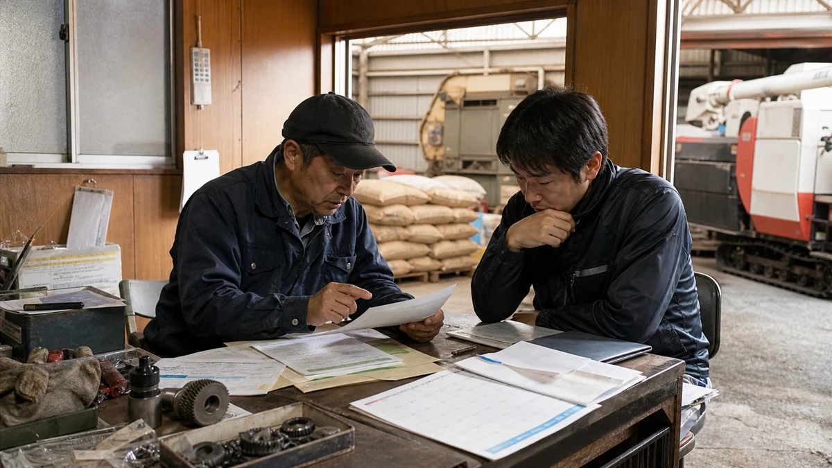 舟橋村で長雨による刈取り遅れと高水分籾の追加乾燥を確認する担当者