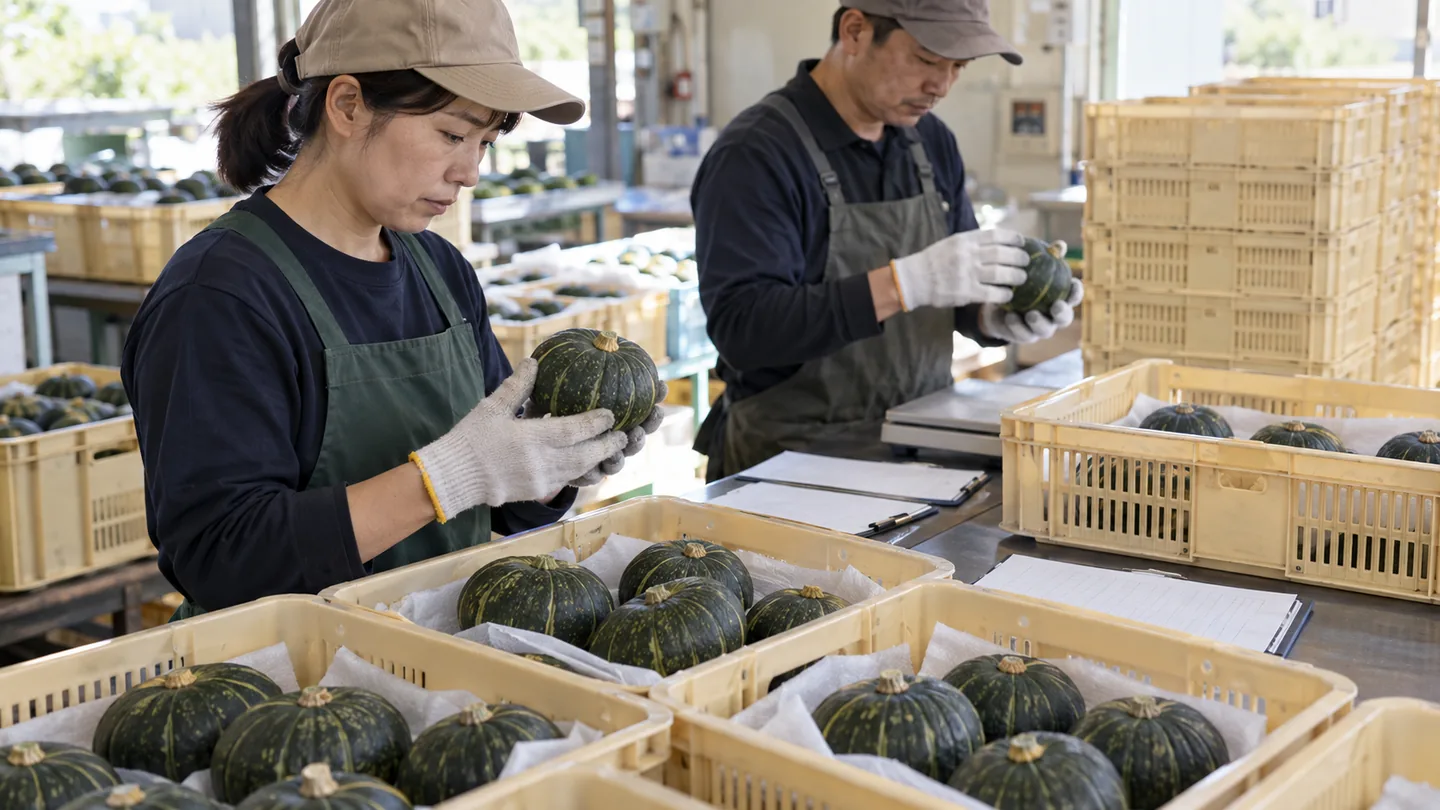 架空の作業者がかぼちゃの外観と重量を確認する場面（AI生成イメージ）