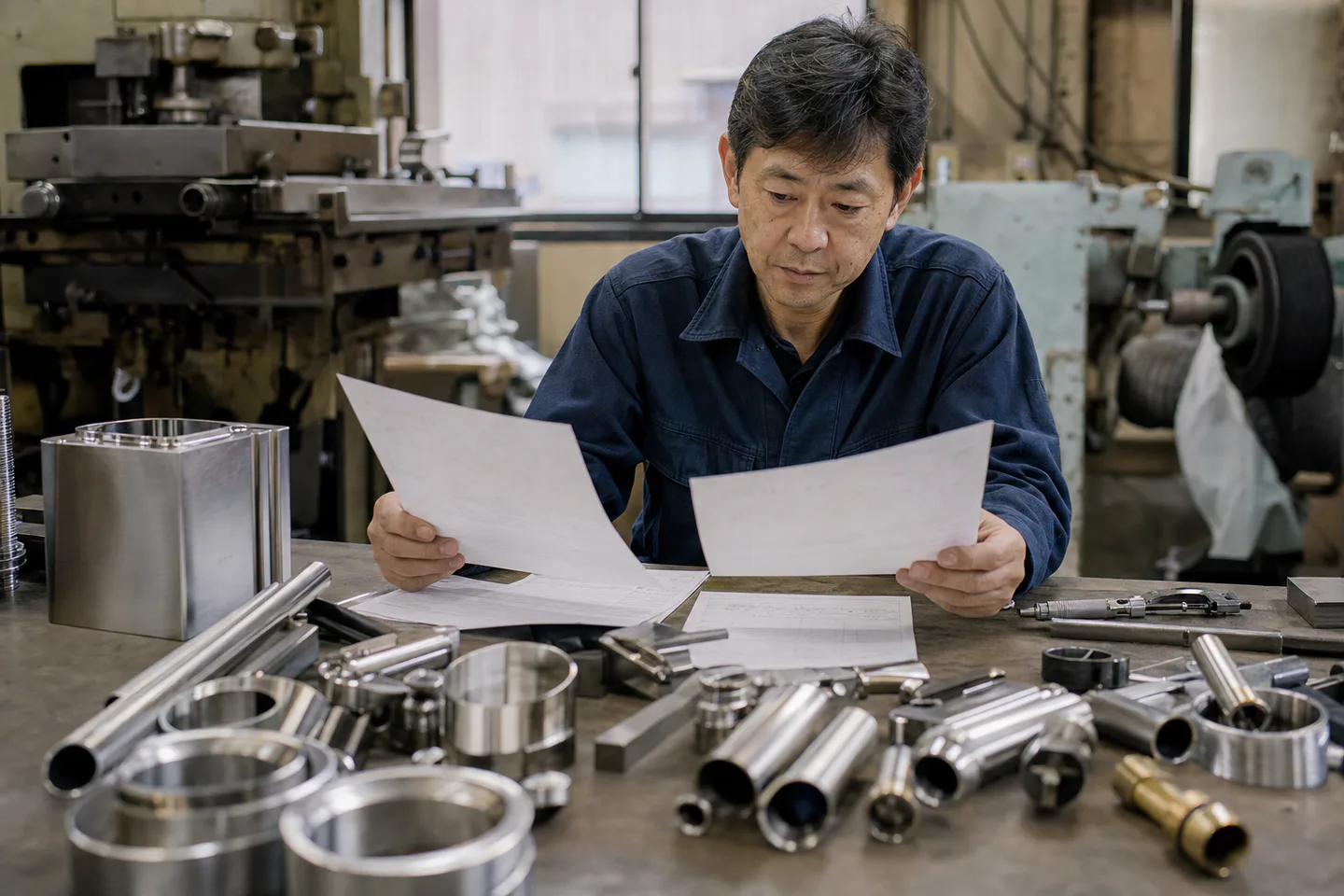 燕市・三条市の金属加工事業者が仕掛品と外注費の支払予定を確認する様子