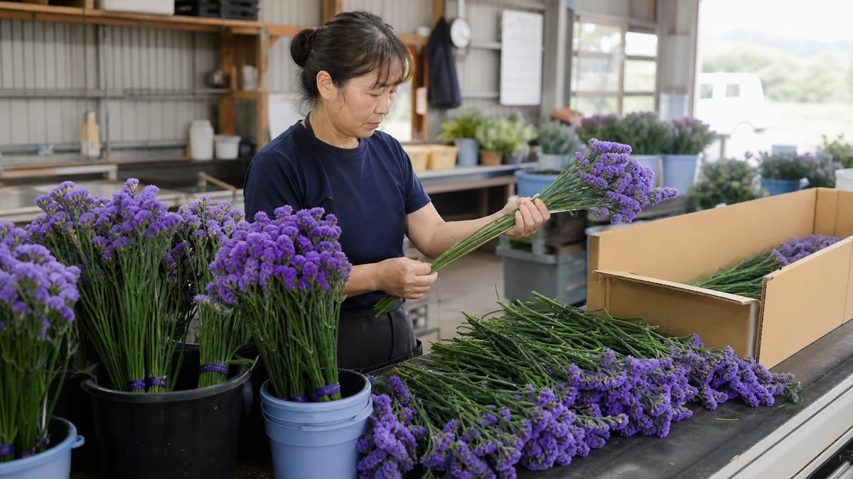 月形町のスターチス出荷を想定し、担当者が茎長と開花状態を選別して箱詰め量を調整する生成イメージ