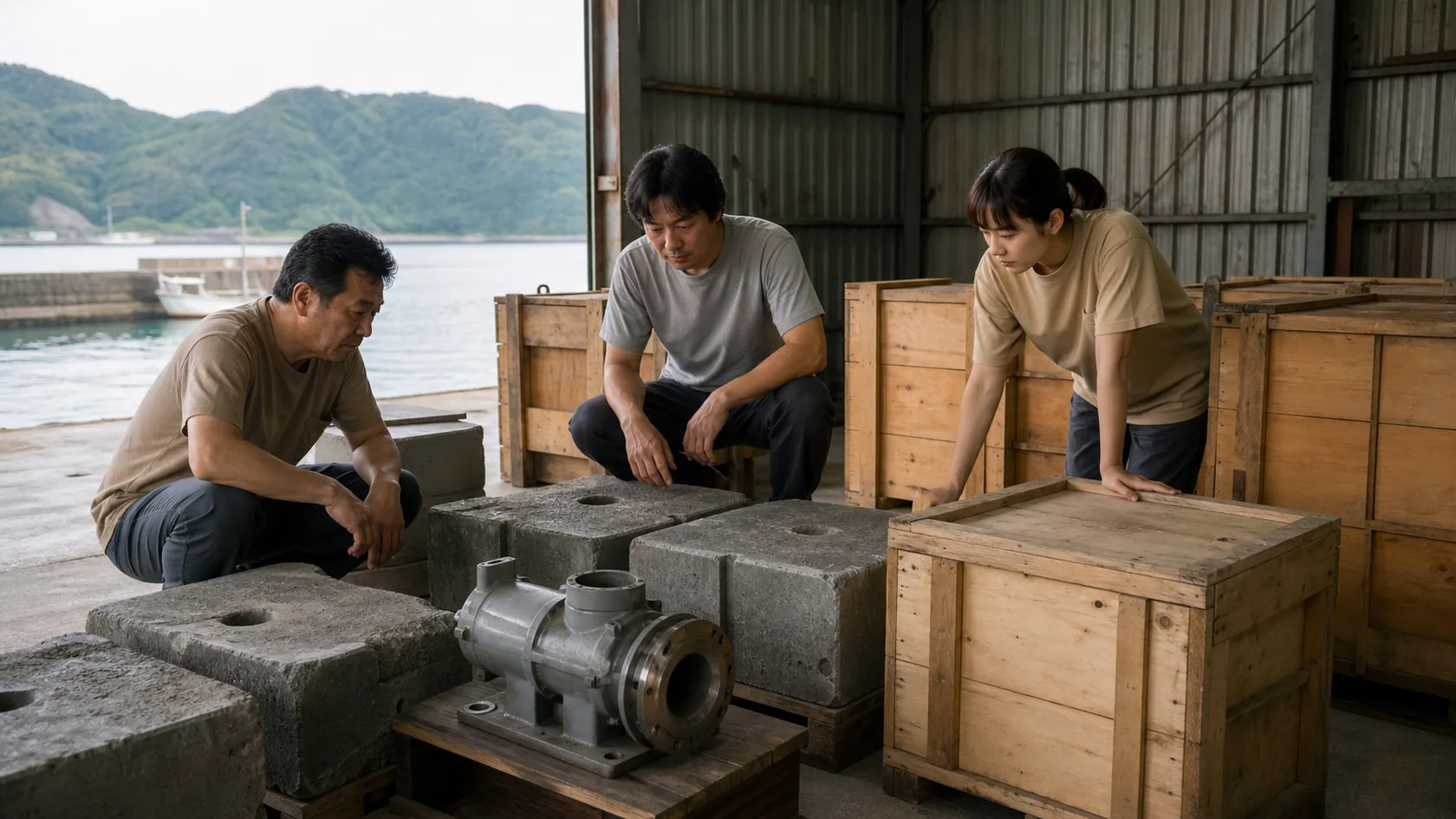 津久見市の倉庫で無地の建材と保冷箱を前に荷役・保管工程を点検する担当者