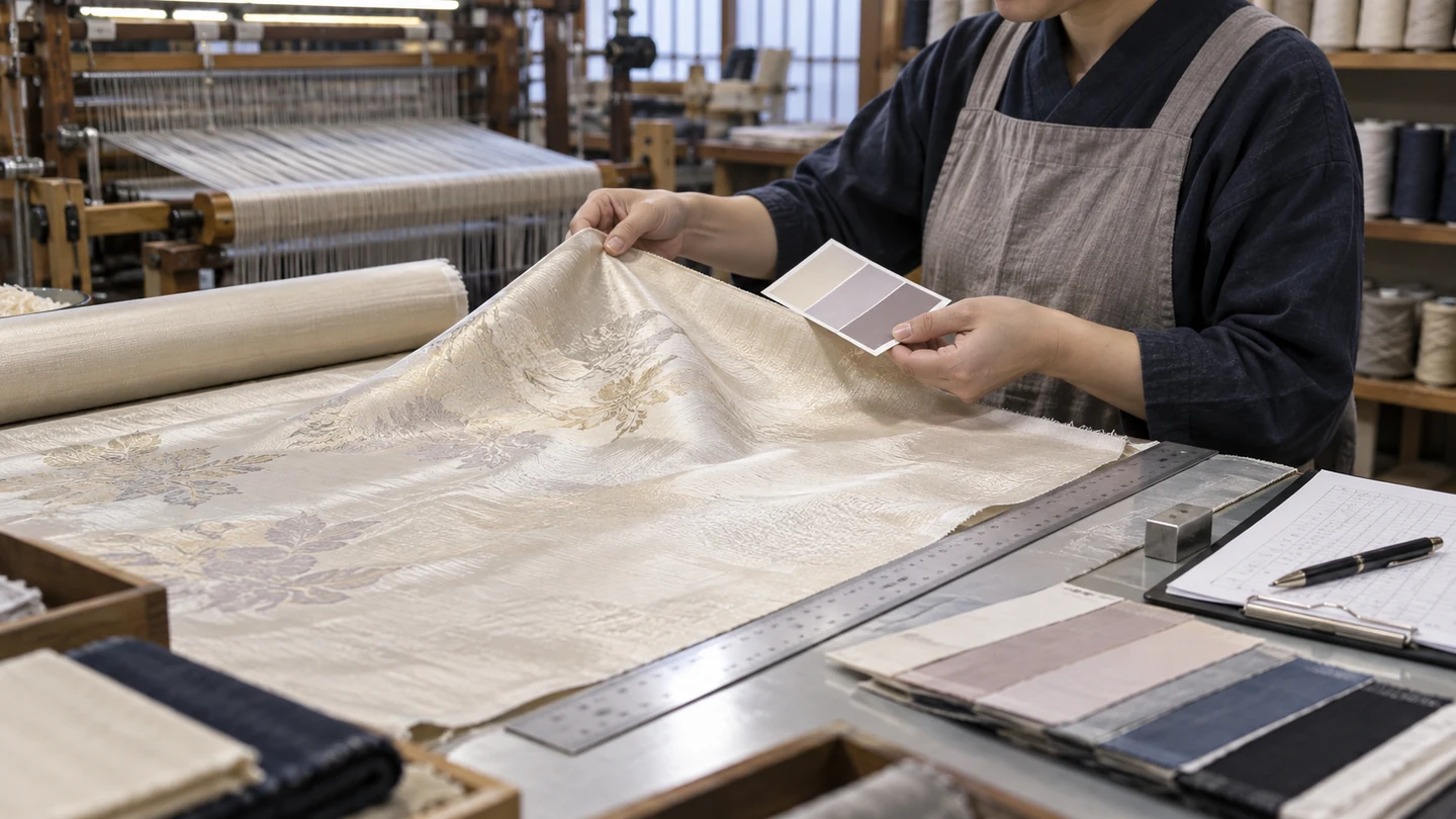 架空の繊維製造担当者が色見本と検収書類を確認する場面（AI生成イメージ）