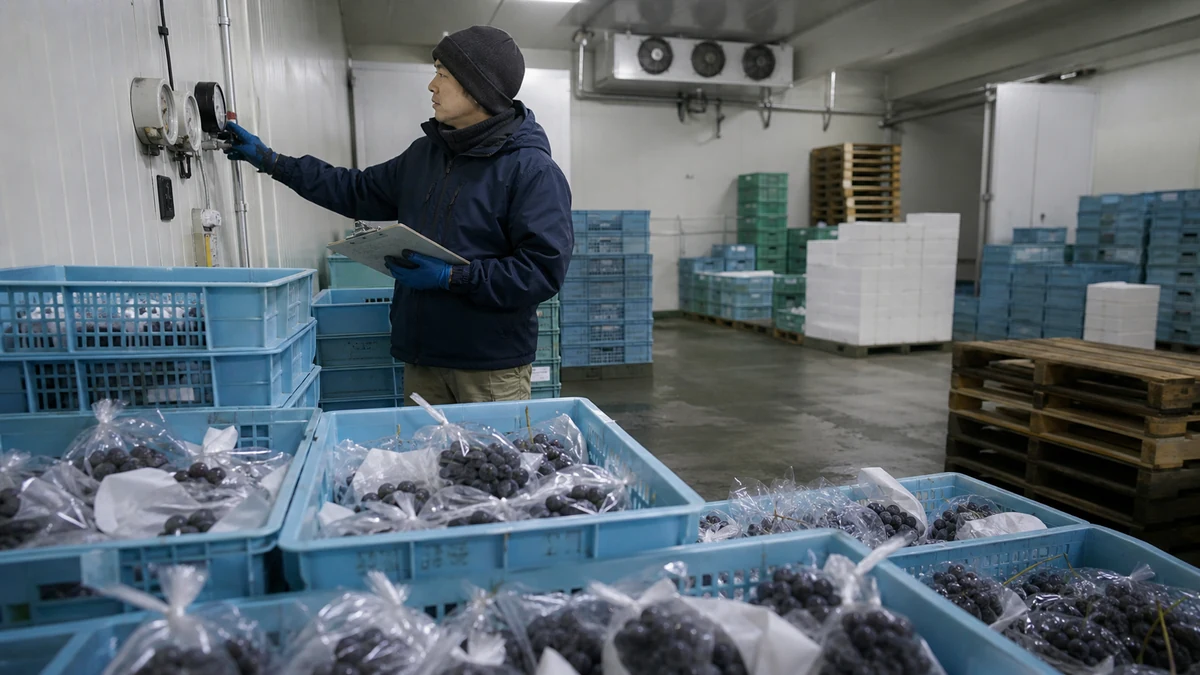 鶴田町のつるたスチューベンの収穫・冷蔵貯蔵・冬季出荷で支払日と検収後の入金日がずれる状況を想定した生成イメージ