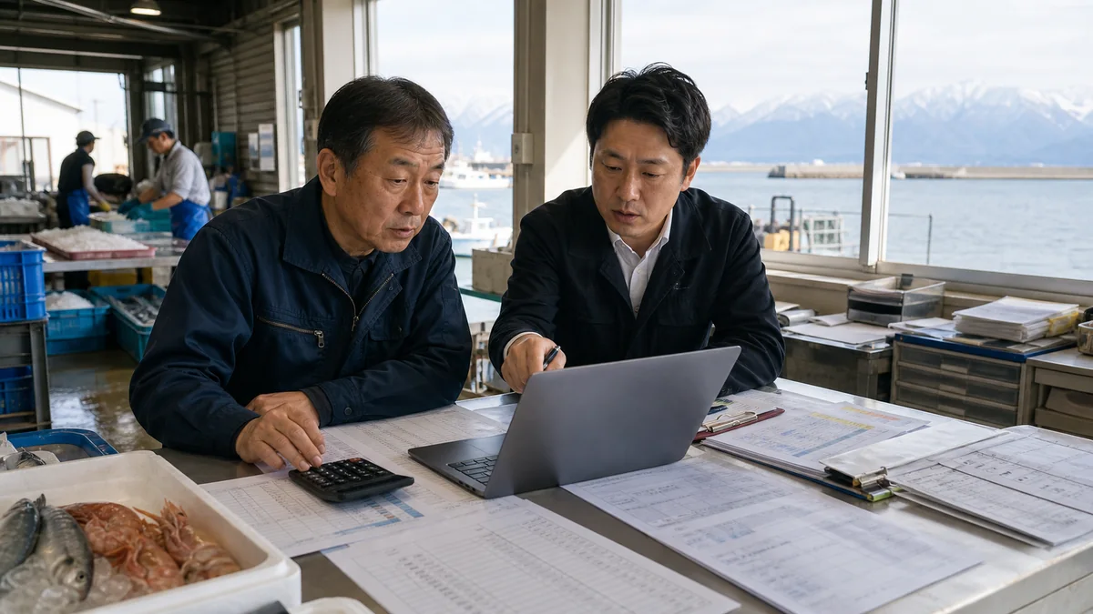 魚津市の水産加工事業者が原料費と冷蔵配送費の資金計画を確認する様子