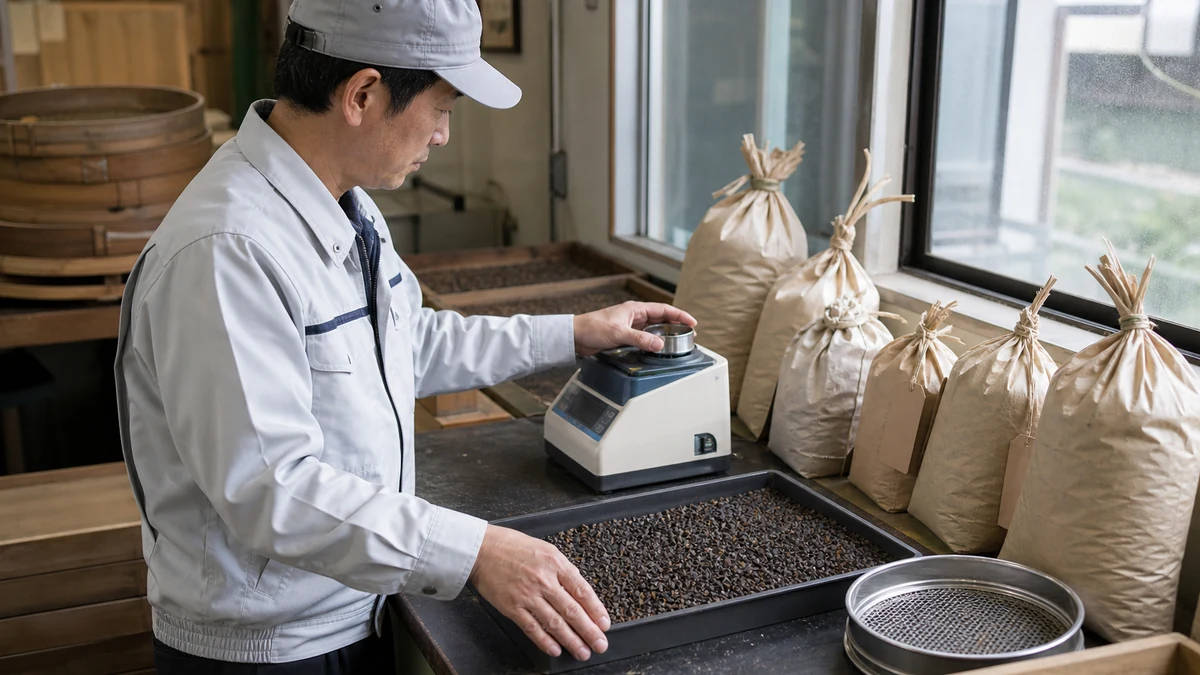 浦臼町のぼたんそば調製を想定し、担当者が玄そばの水分と粒選別状態を確認する生成イメージ