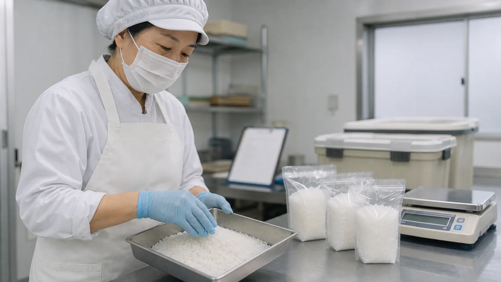 宇多津町を題材とした製塩作業室で結晶の粒と包装重量を確認する担当者（AI生成の説明用イメージ）