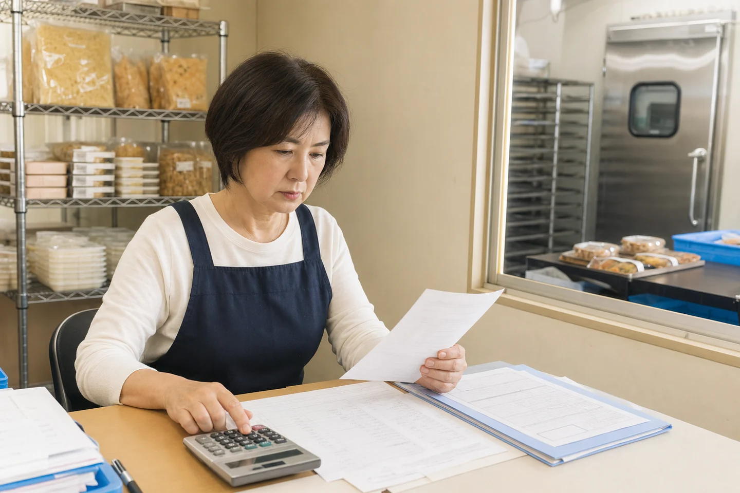宇都宮市の食品製造会社経営者が原料費と包装費の請求書を確認する様子