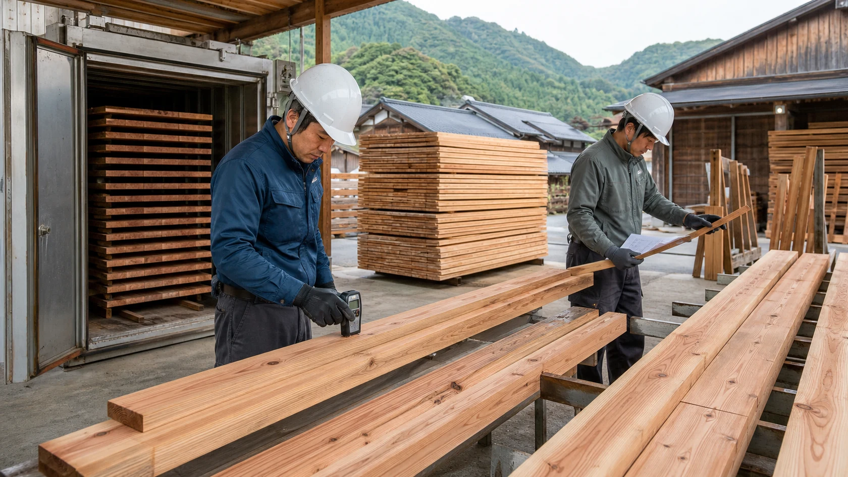 若桜町の製材所で原木番号・乾燥室・含水率・反り・割れ検品を照合する担当者