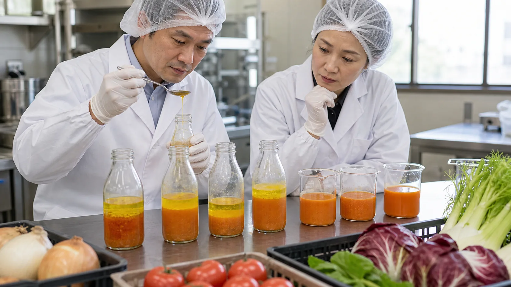 矢掛町のドレッシング工房で油分離と粘度不足が出た試料を比較する商品開発担当者