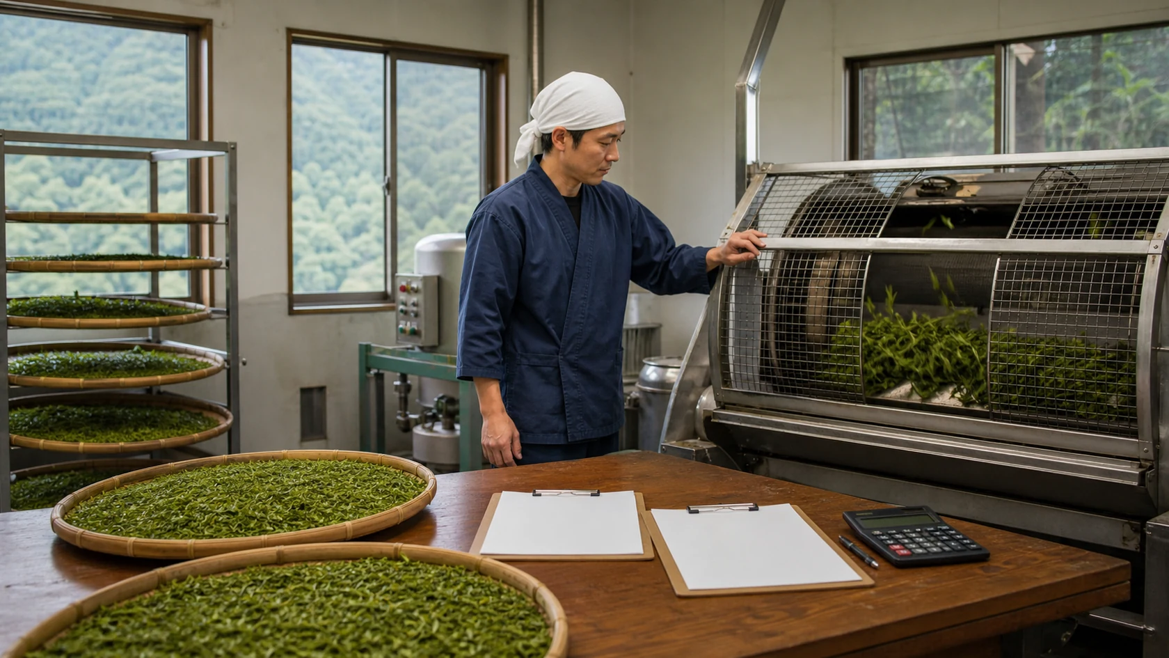 荒茶ロットと検査記録を確認する架空の茶農家（AI生成の説明用イメージ）