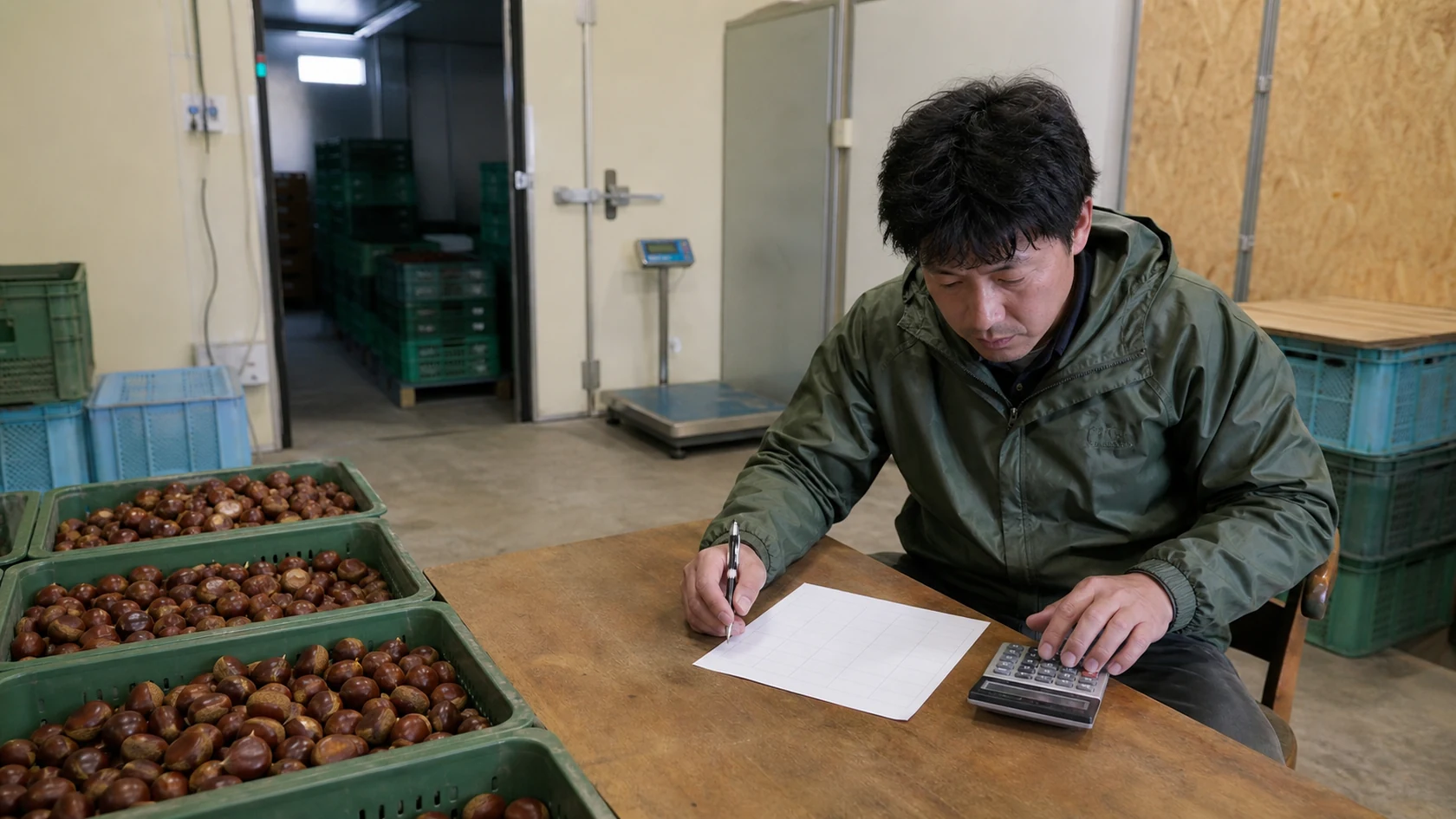 栗の選果記録と出荷精算書を確認する架空農家（AI生成の説明用イメージ）