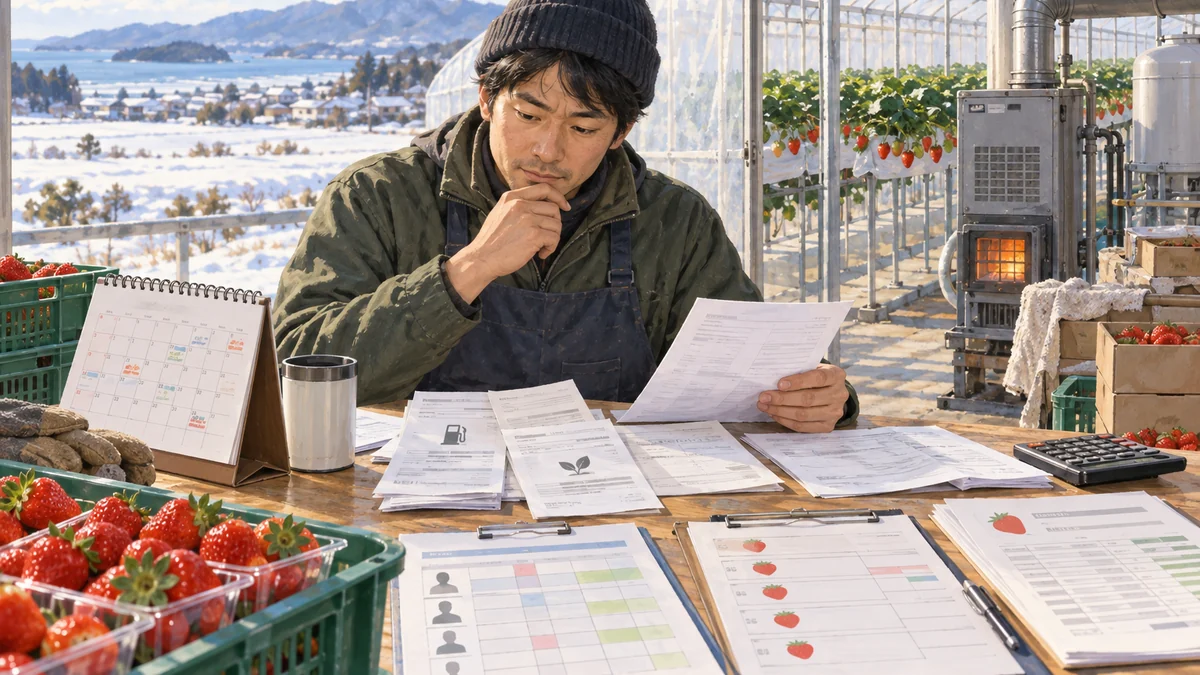 山元町の高設いちごの栽培・いちご狩り・直売精算で支払日と検収後の入金日がずれる状況を想定した生成イメージ