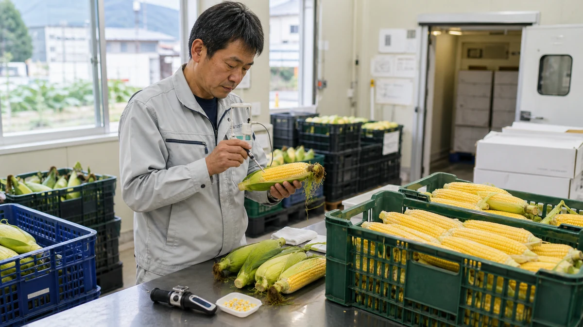 中央市のスイートコーン選果場で品温・実入り・先端不稔・糖度を確認し、直売規格本数を見直す担当者