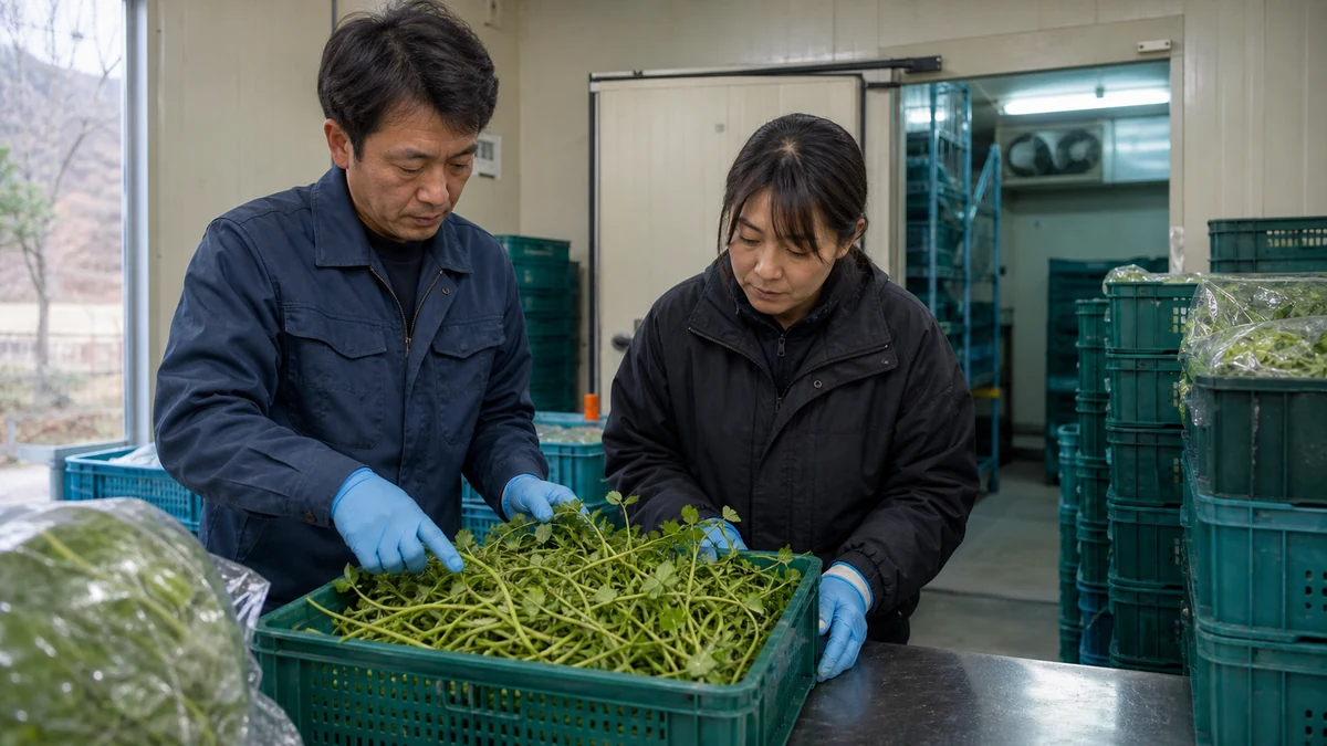 道志村のクレソン出荷場で葉色・茎長・傷み・品温・束重量を確認し、冷蔵出荷数を見直す担当者