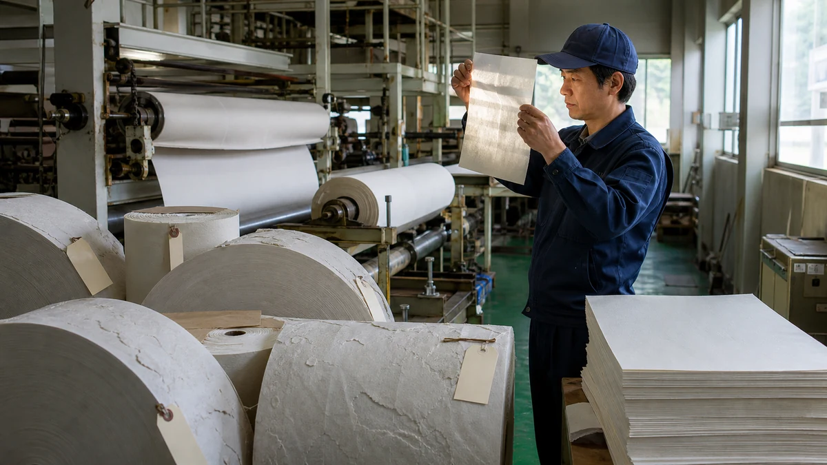 市川三郷町の和紙工場で坪量むら・しわ・破れ・水分超過を検品し、合格原反数を見直す担当者