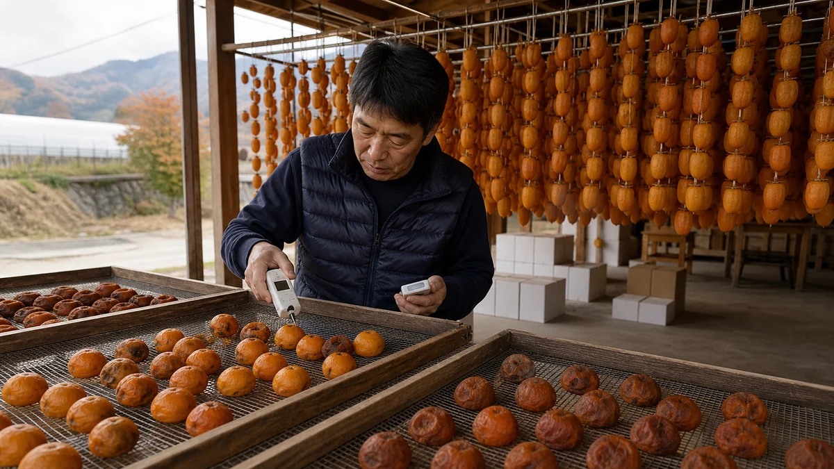 甲州市の枯露柿農家で乾燥遅れ・変色・過乾燥を水分計と外観で確認し、贈答箱数を見直す生産者