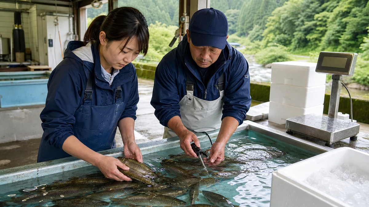 小菅村の川魚養殖場で水温・流量・魚の活力・規格重量・氷詰め品温を確認し、出荷尾数を見直す担当者