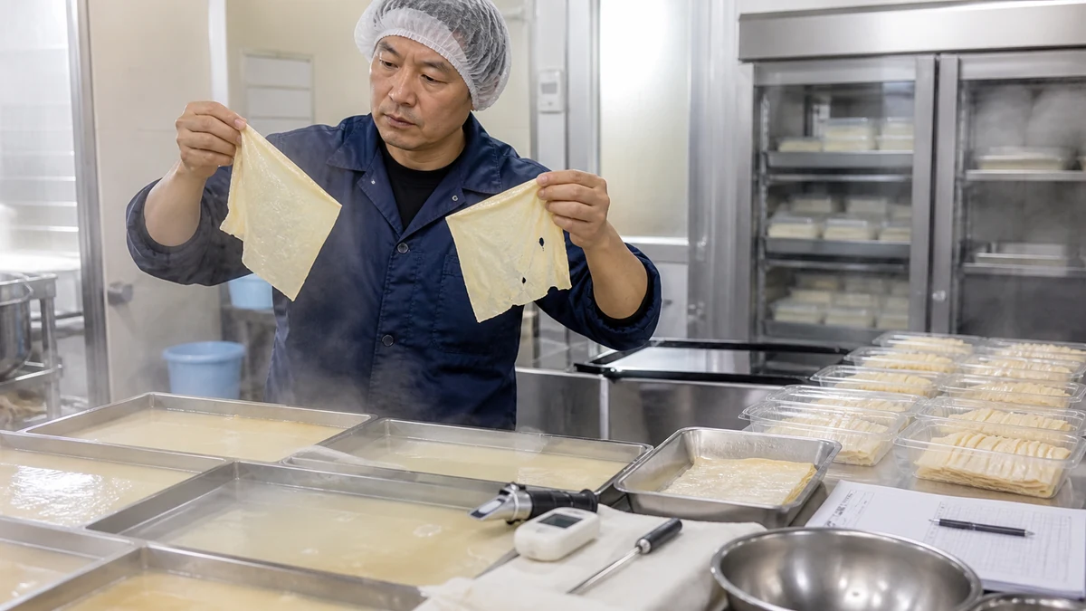 身延町のゆば工房で豆乳濃度・釜温度・膜厚・破れを確認し、冷蔵出荷数を見直す製造担当者