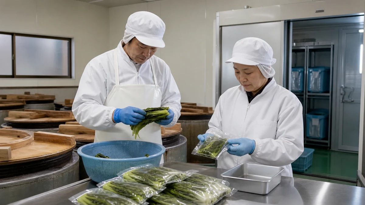 鳴沢村の鳴沢菜漬け加工場で葉の傷み・塩分・食感・重量・密封を確認し、出荷包装数を見直す担当者