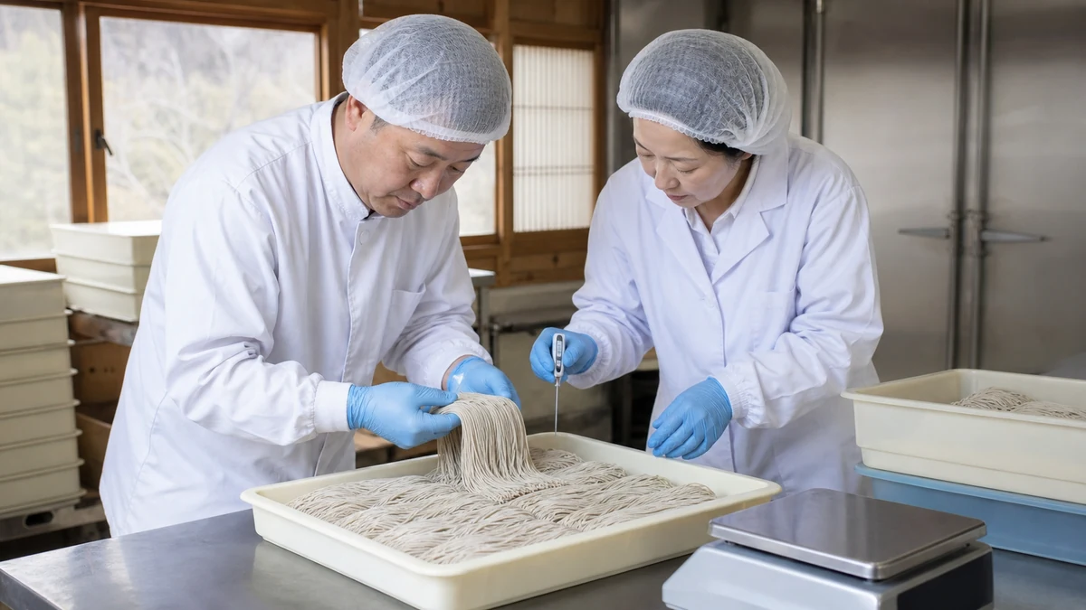 忍野村のそば製麺所で粉粒度・加水・麺厚・麺切れ・品温を確認し、冷蔵出荷食数を見直す担当者
