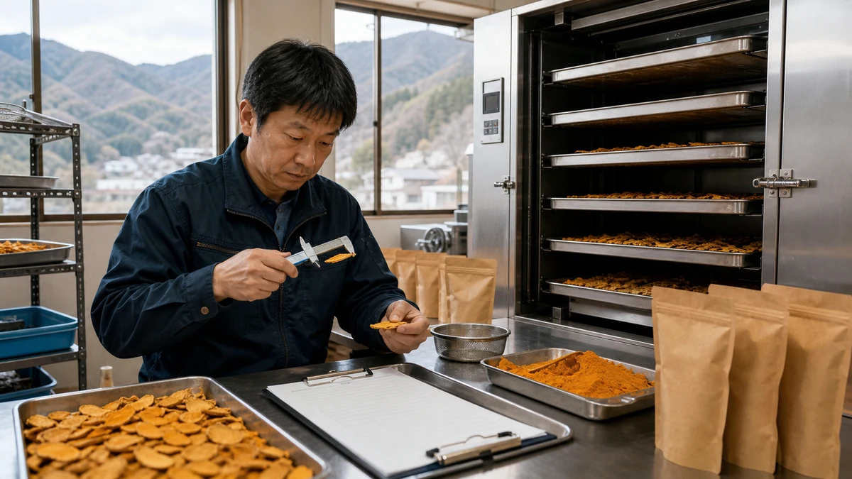 大月市のウコン加工場で乾燥切片の含水率・変色・粉砕粒度を確認し、再乾燥と包装量を見直す担当者