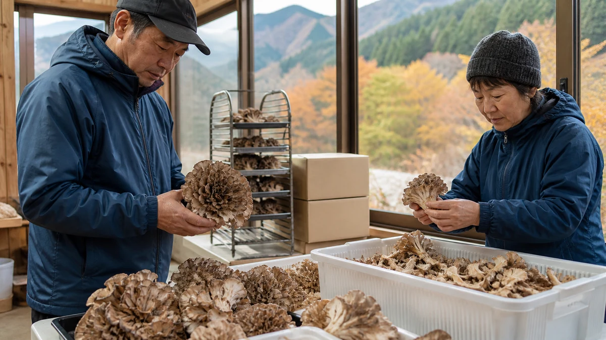 丹波山村の原木舞茸作業場で発生株・傷み・生鮮重量・乾燥水分・箱数を確認し、出荷計画を見直す担当者