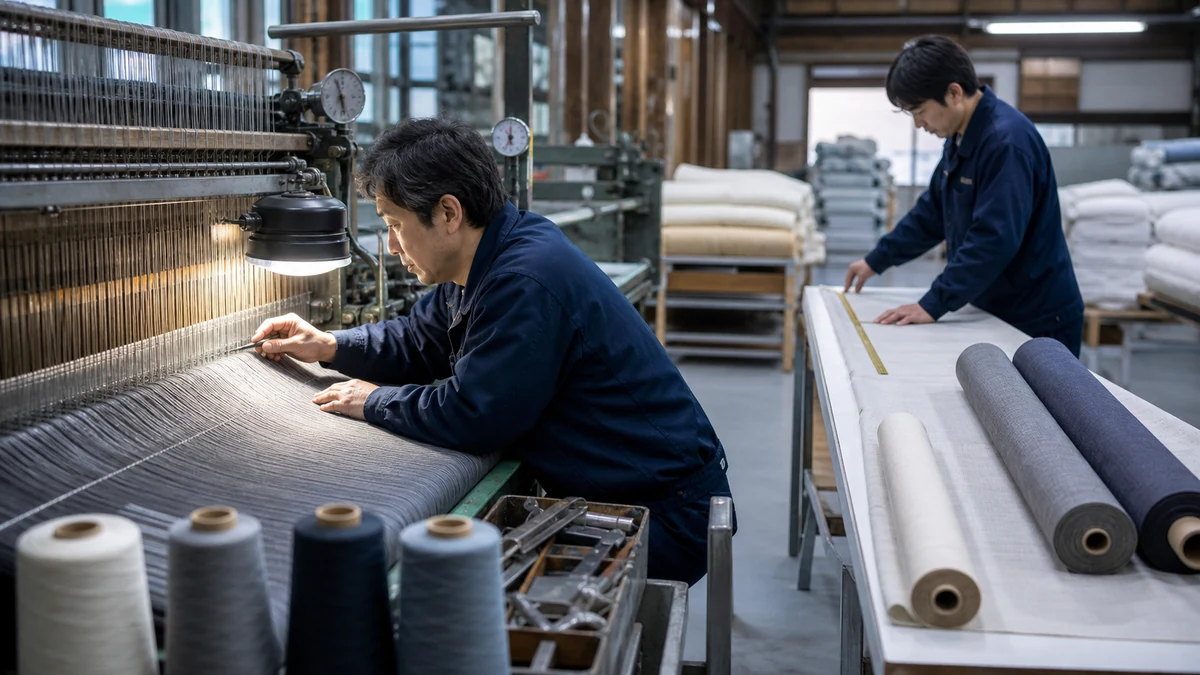 都留市の織物工場で織機を止め、経糸切れ・織り縞・幅縮みを検反して反物を仕分ける担当者