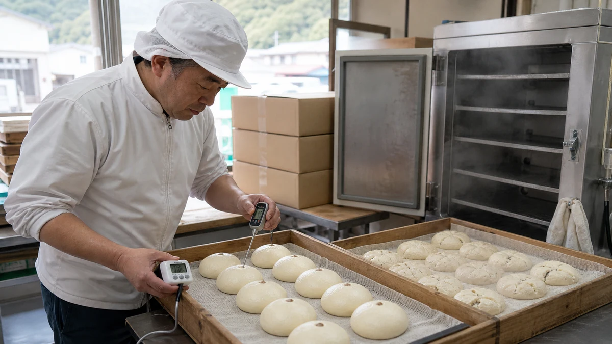 上野原市の酒まんじゅう工房で発酵不足・表面割れ・蒸しむらを確認し、当日販売数を見直す菓子職人