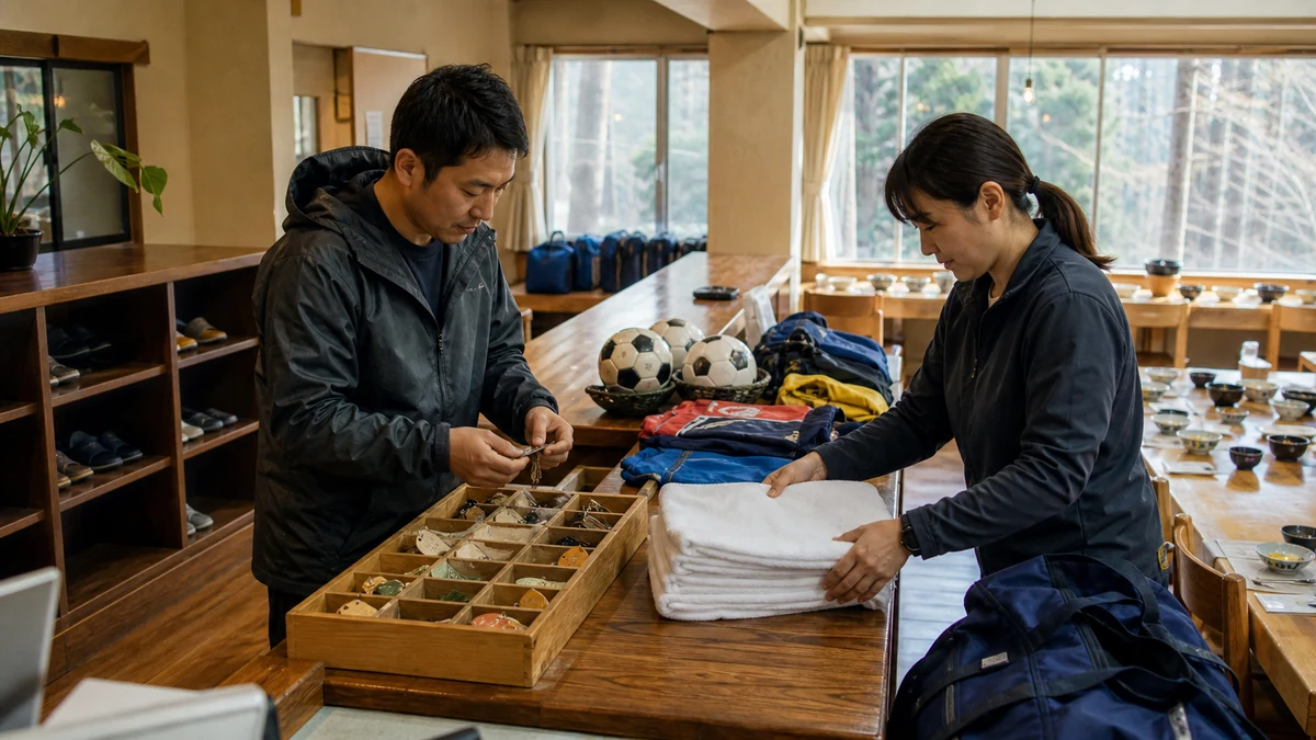 山中湖村の合宿宿で参加者名簿・部屋割り・食数・練習施設・追加費用を照合し、団体請求額を見直す担当者