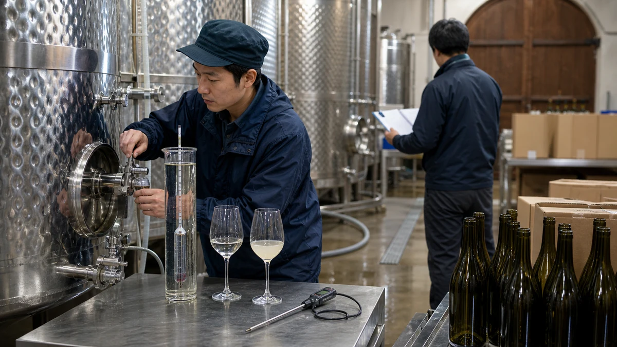 山梨市の小規模ワイナリーで発酵タンクの温度・比重推移と濁りを確認し、瓶詰め可能量を見直す醸造担当者