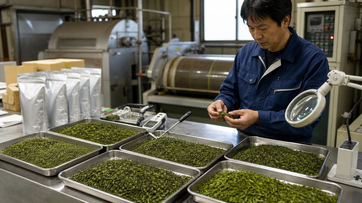 南部町の製茶工場で生葉待機時間・蒸熱・揉み・水分・色沢を確認し、仕上げ茶量を見直す担当者