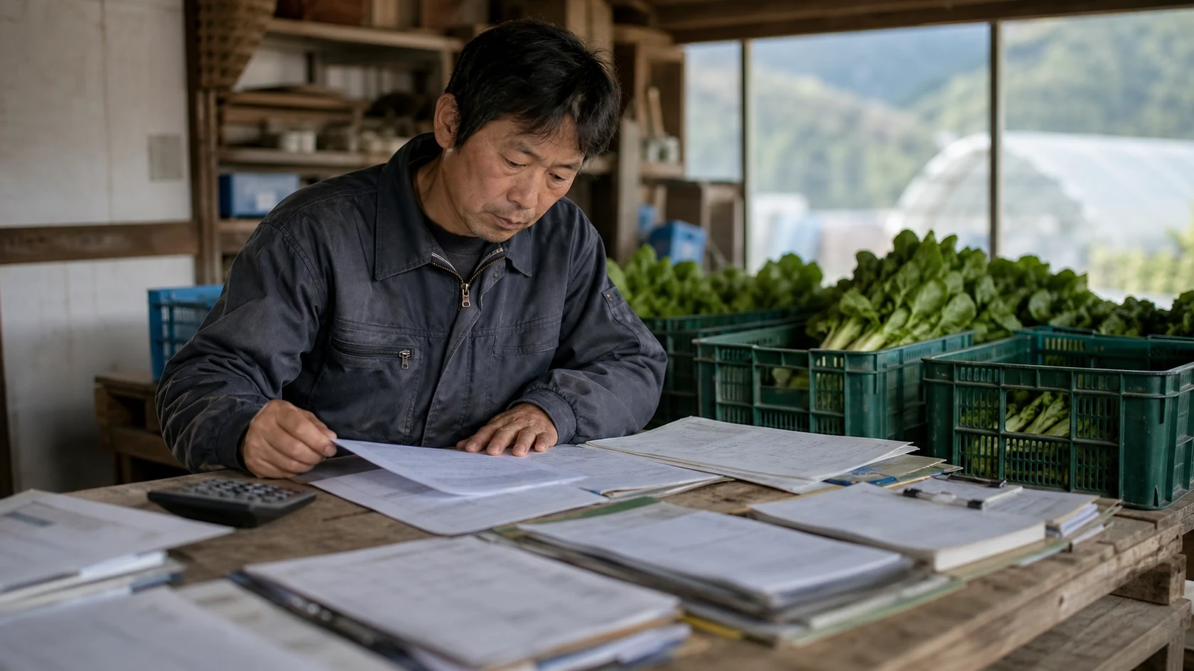栽培記録と出荷精算書を確認する架空の野菜農家（AI生成の説明用イメージ）