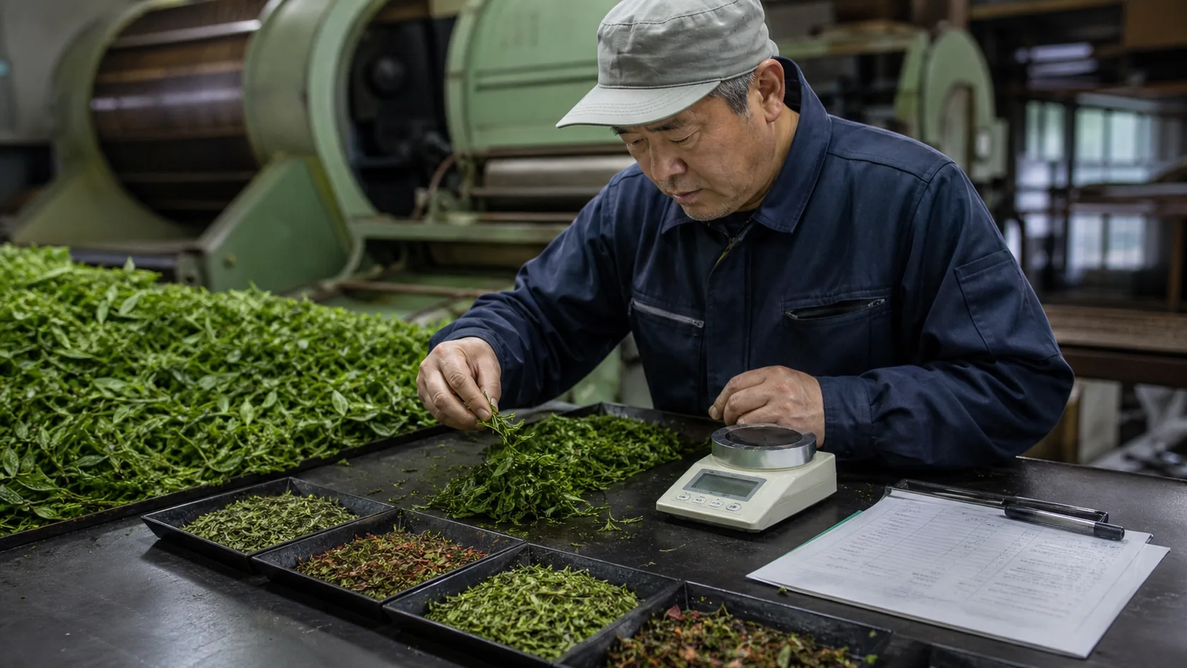 山添村の製茶工場で蒸しむら・赤み・水分超過の荒茶を隔離し、園地と摘採時刻、乾燥記録を照合する担当者